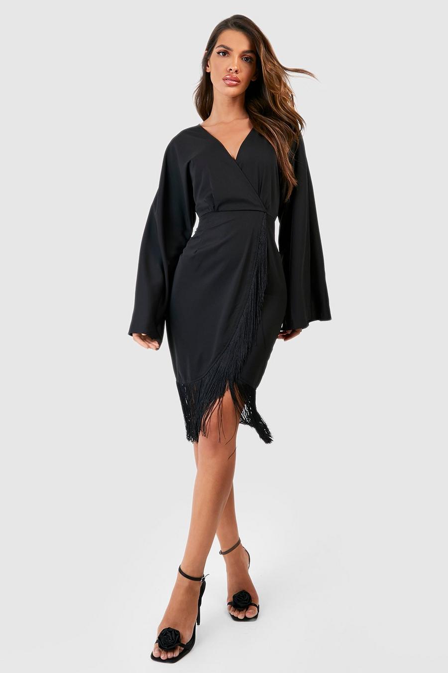 Black Tassel Hem Wrap Mini Dress image number 1