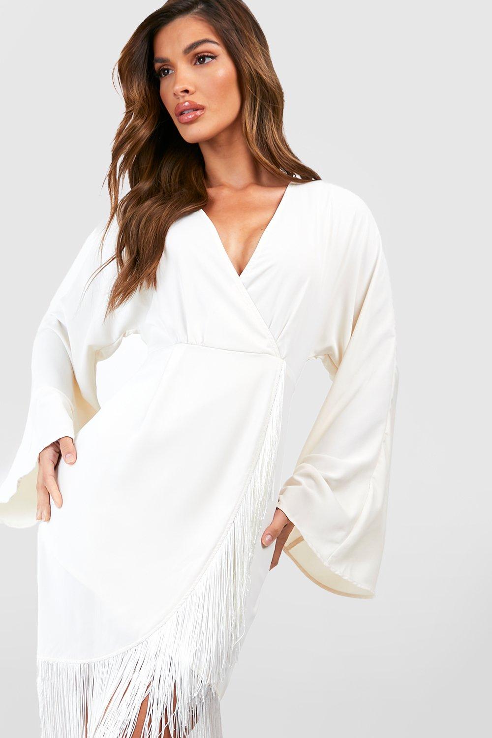 White long sleeve tassel hot sale dress