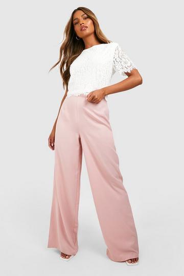 Scalloped Hem Lace Top & Wide Leg Pants blush