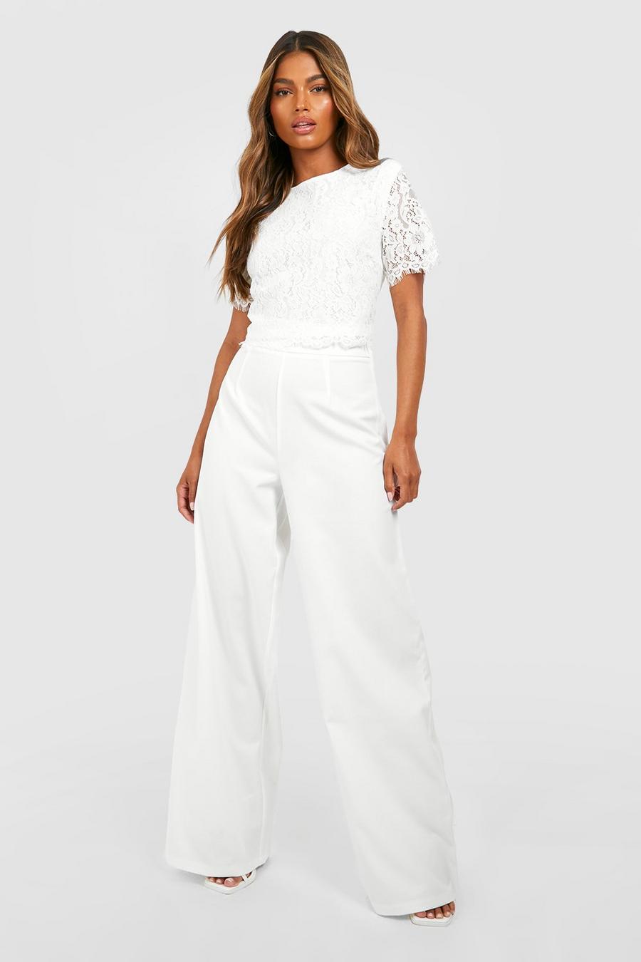 White Scalloped Hem Lace Top & Wide Leg Pants image number 1
