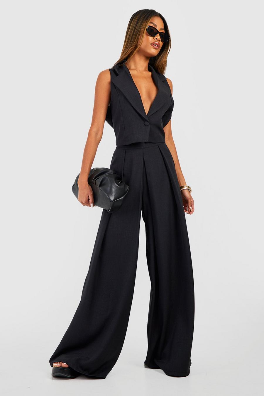 Black Linen Look Pleat Front Wide Leg Tailored Trousers  image number 1