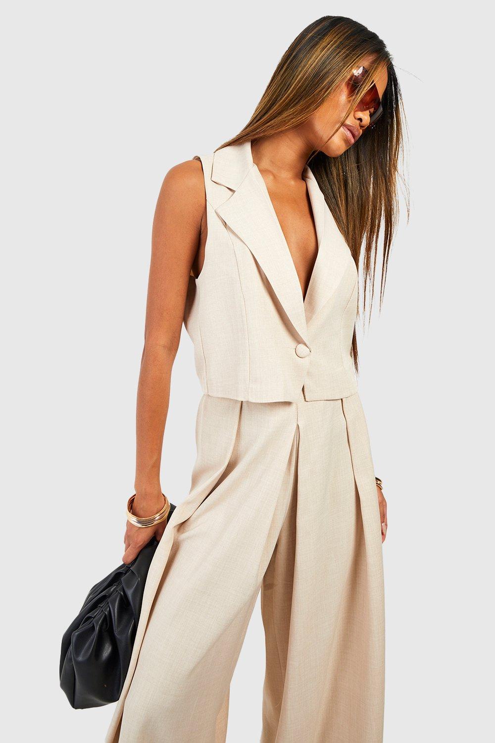 Boohoo Women s Linen Look Pleat Front Wide Leg Tailored Trousers Beige