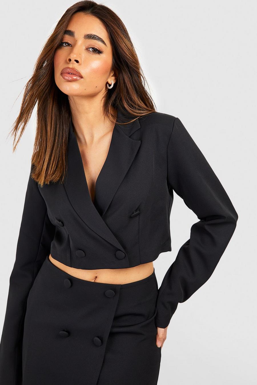 Black Double Breasted Cropped Tailored Blazer