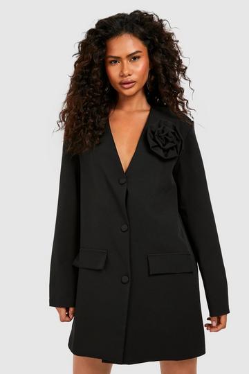 Plunge Front Corsage Detail Tailored Blazer Dress black