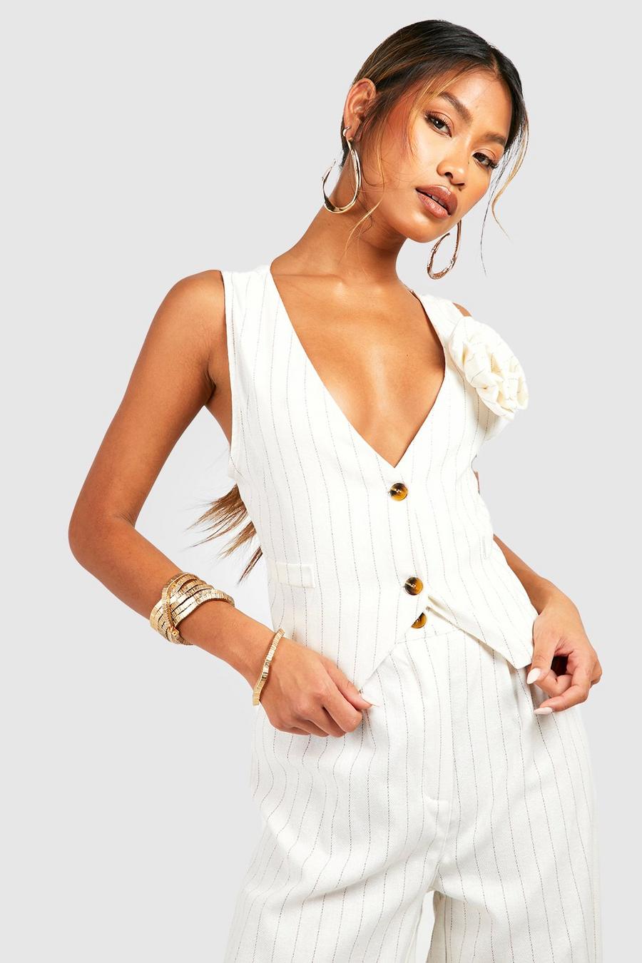 Cream Linen Look Corsage Detail Tailored Vest image number 1