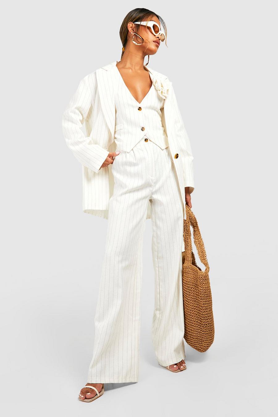 Pantalón entallado holgado de pernera ancha efecto lino con rayas, Cream image number 1