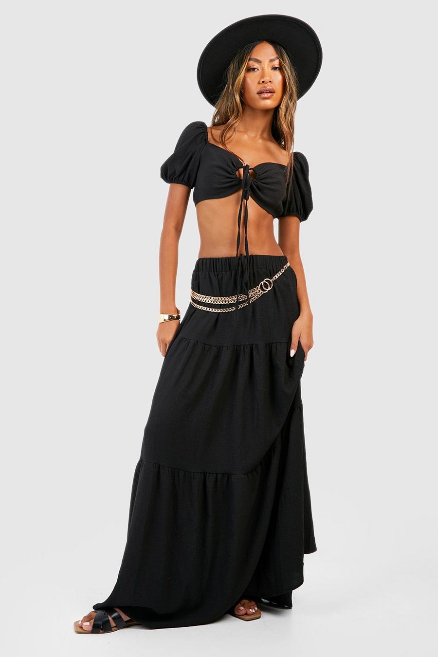 Black Textured Puff Sleeve Bralette & Tiered Maxi Skirt image number 1