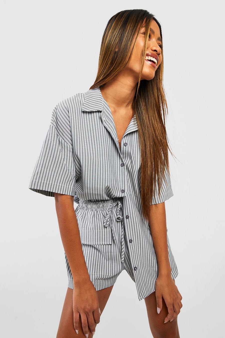 Charcoal grey Linen Look Striped Oversized Shirt & Shorts