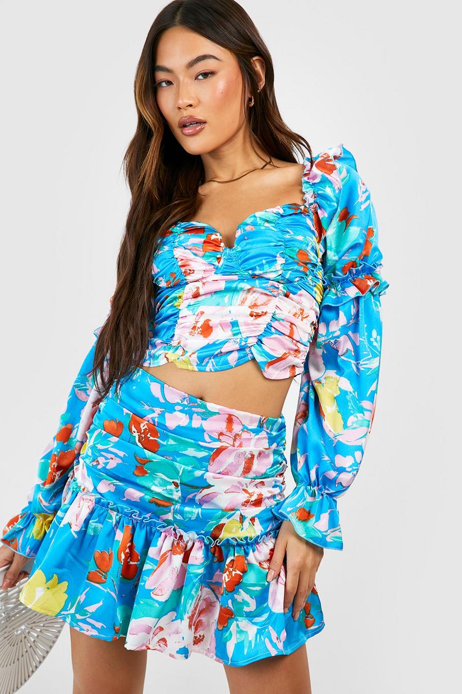 Azure Floral Puff Sleeve Corset & Ruched Mini Skirt