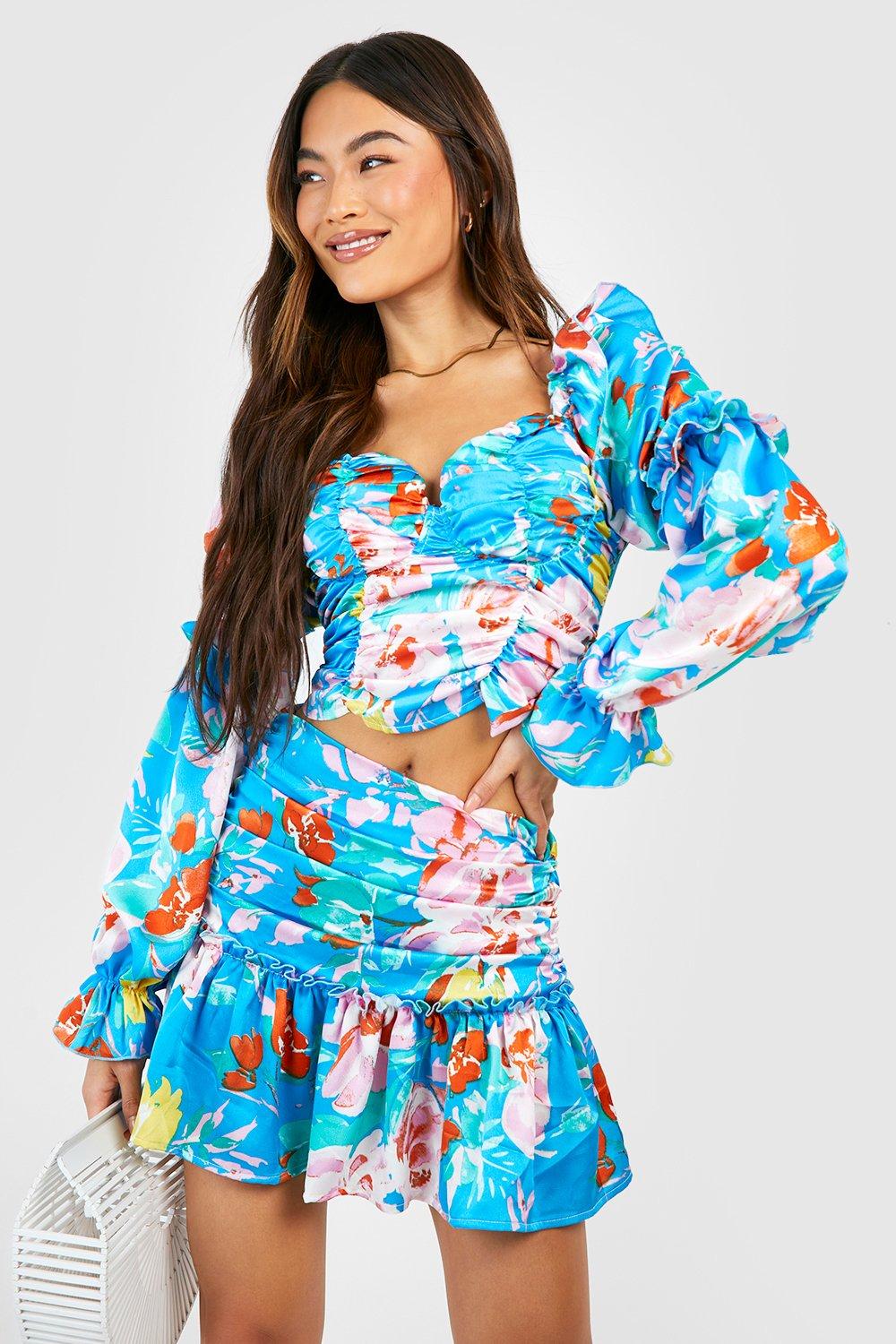 Floral Puff Sleeve Corset & Ruched Mini Skirt | boohoo