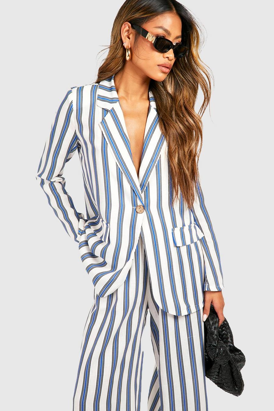 Linen Look Striped Contrast Button Blazer | boohoo