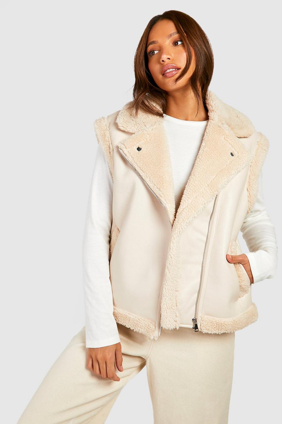 Stone beige Tall Teddy Trim Faux Leather Vest