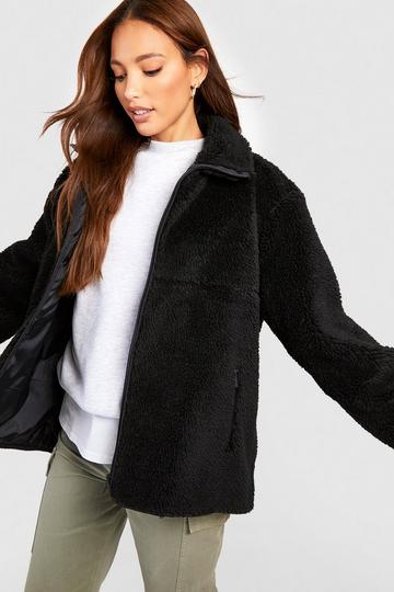 Tall Zip Detail Oversized Faux Fur Teddy Jacket black