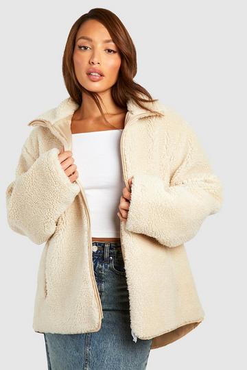 Tall Zip Detail Oversized Faux Fur Teddy Jacket stone