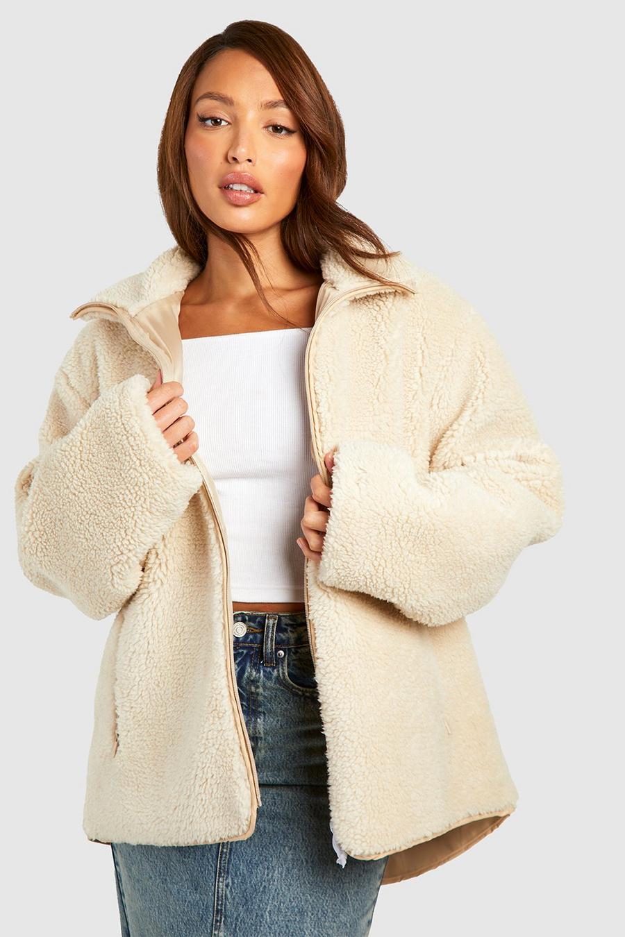 Stone Tall Zip Detail Faux Fur Teddy Jacket image number 1