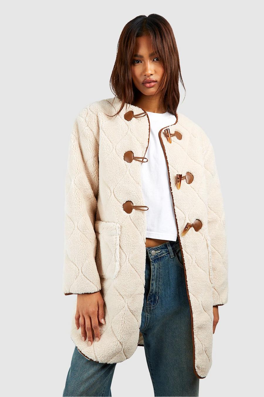 Ivory Tall Onion Quilt Faux Fur Teddy Longline Jacket  image number 1