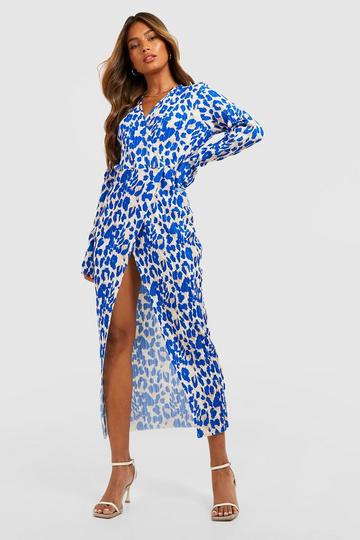 Blue Leopard Plisse Wrap Midi Dress