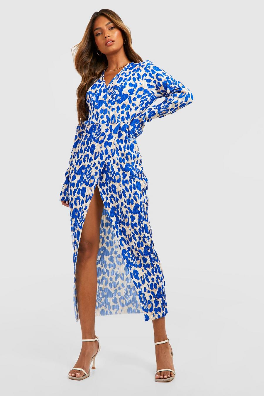 Blue Leopard Plisse Wrap Midaxi Dress image number 1