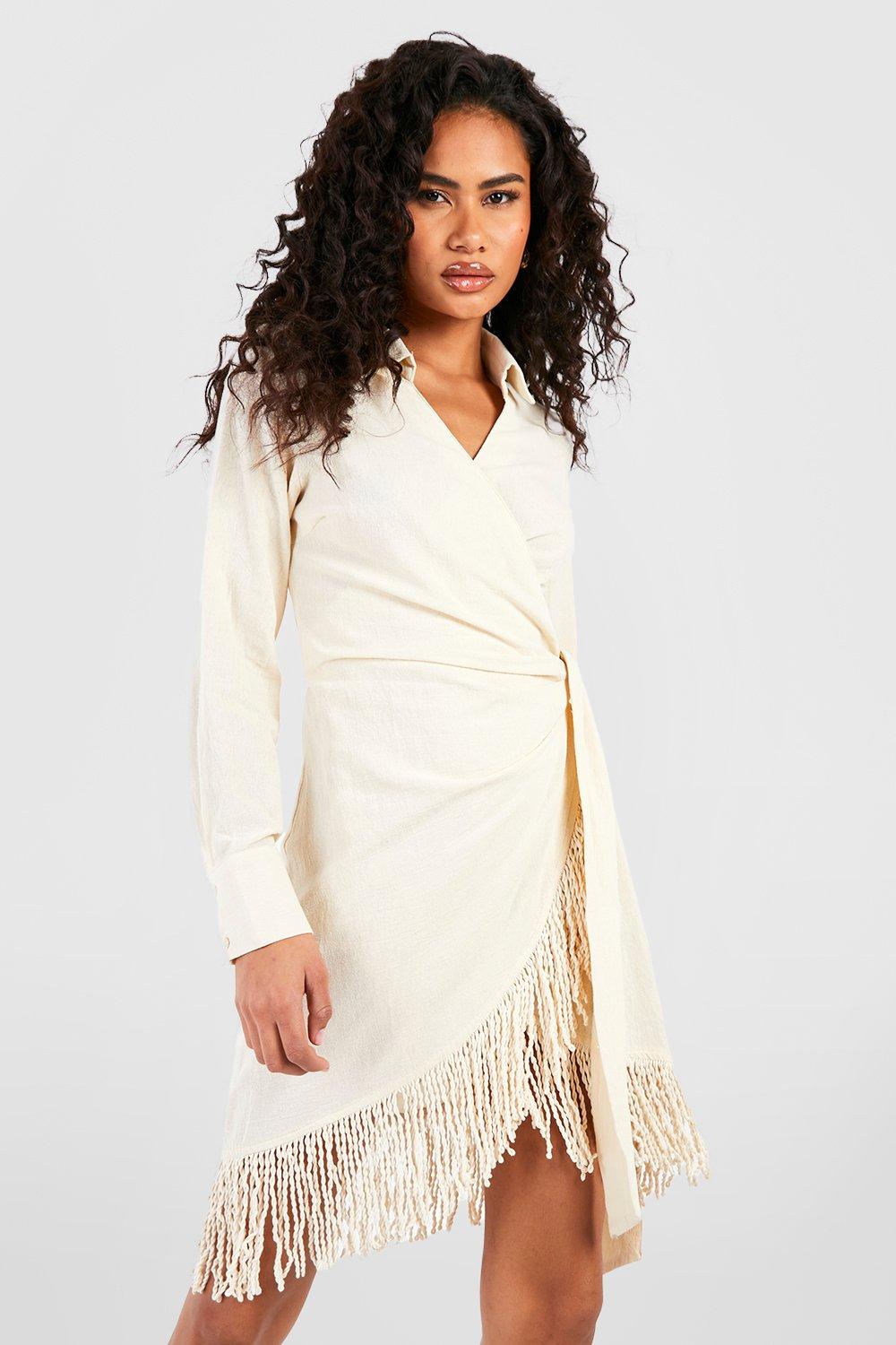 Tassel Linen Wrap Shirt Dress