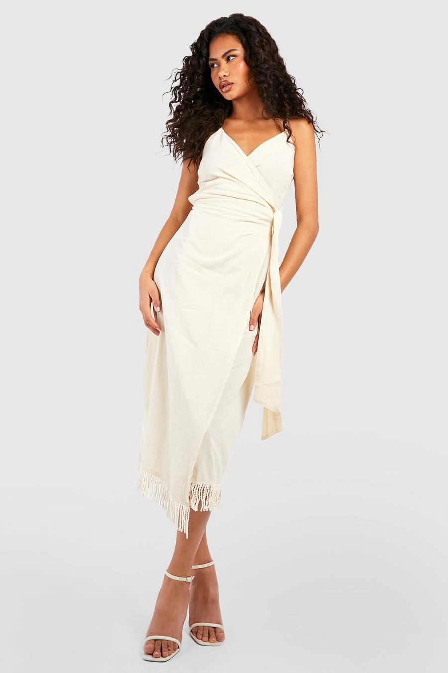 Cream Tassel Linen Wrap Midi Dress image number 1