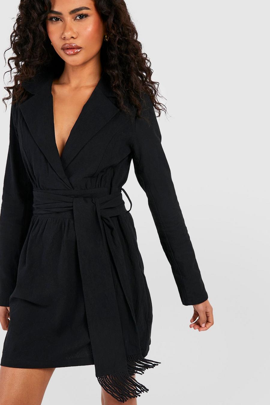 Black Tassel Linen Belted Shirt Dress
