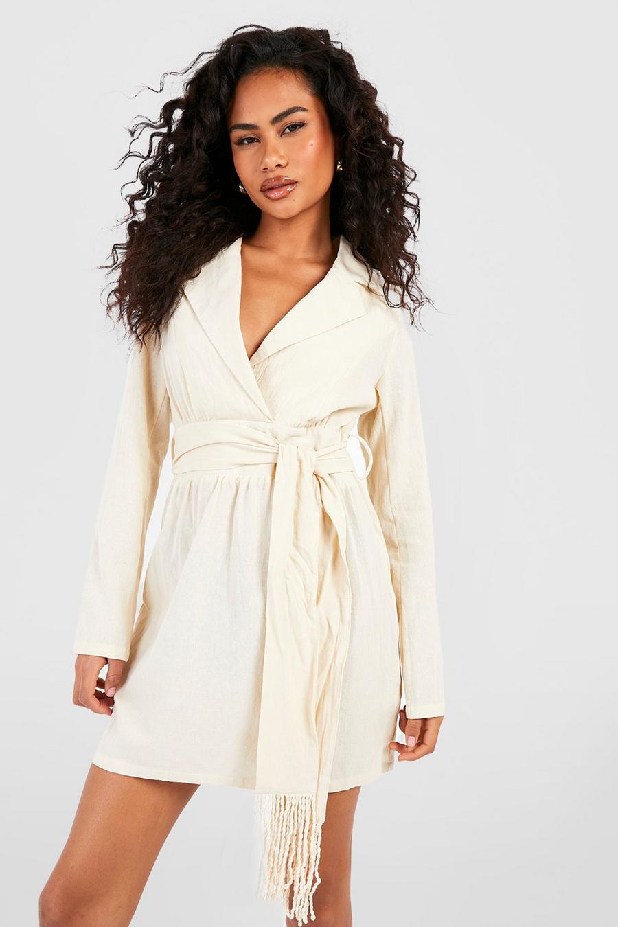 Cream Tassel Linen Belted Shirt Dress