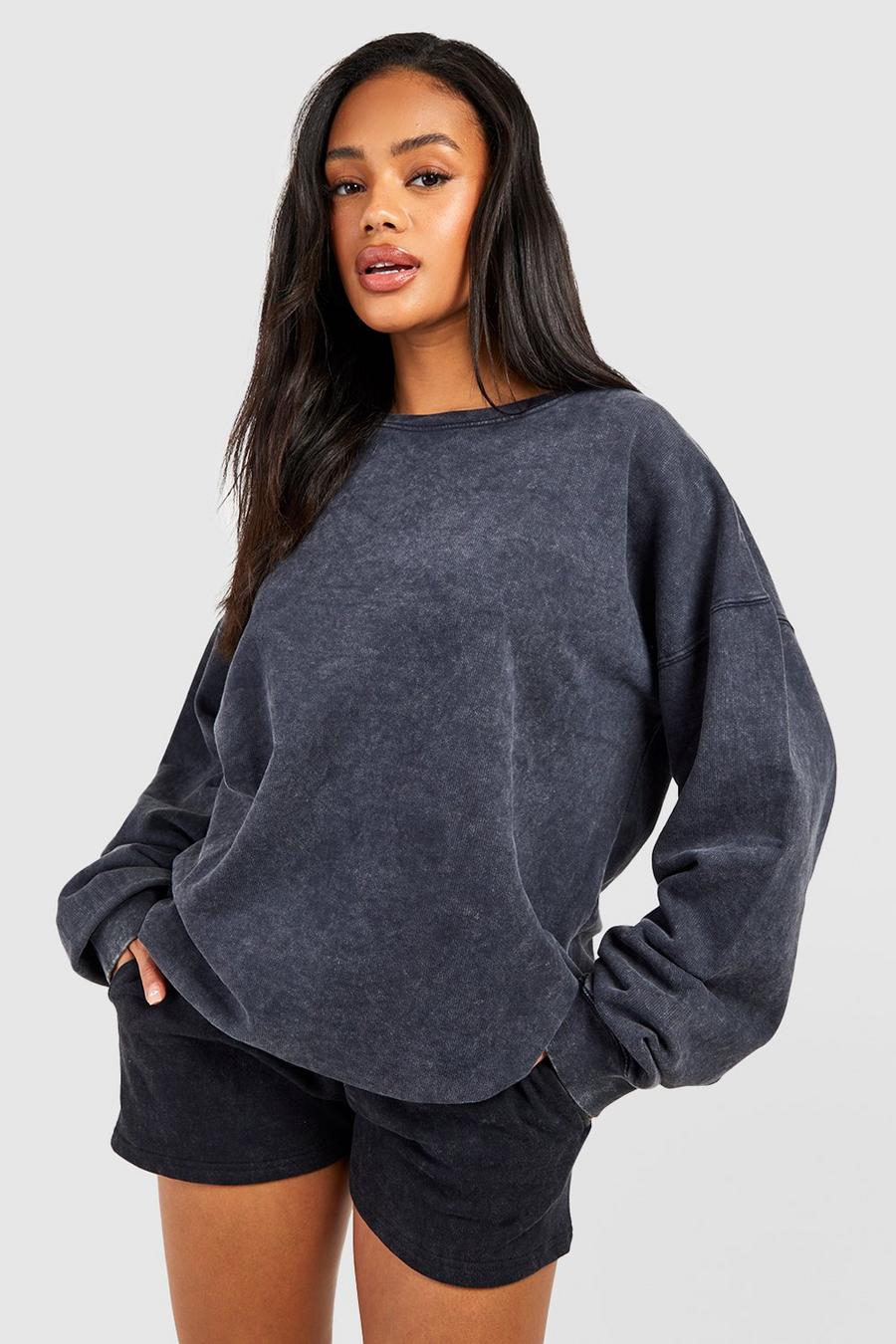 Charcoal Oversize stentvättad sweatshirt och shorts image number 1