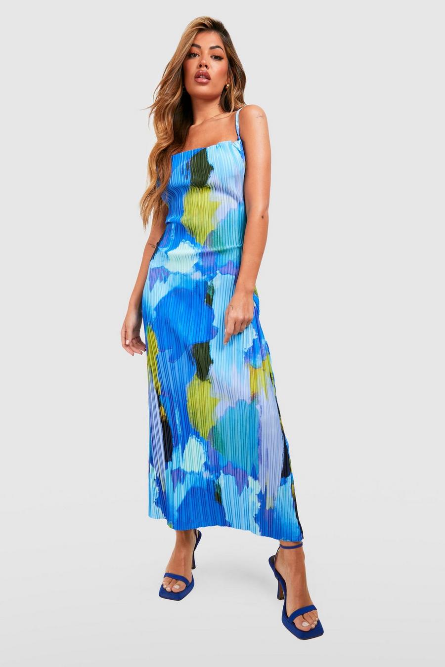 Vestido midaxi plisado con estampado abstracto, Blue image number 1