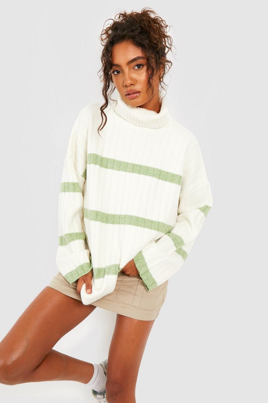 Green Tall Wide Rib Stripe Turtleneck Sweater image number 1