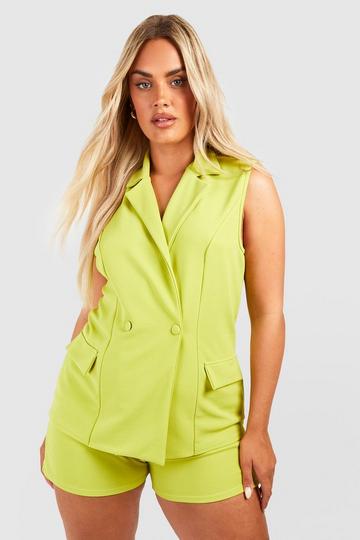 Lime Green Plus Crepe Sleeveless Blazer & Short Set