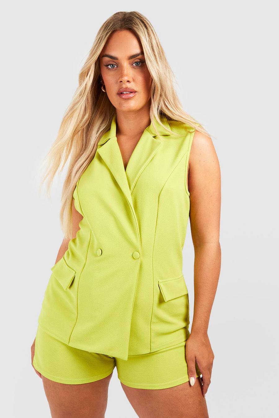 Lime green Plus Crepe Sleeveless Blazer & Short Set  image number 1