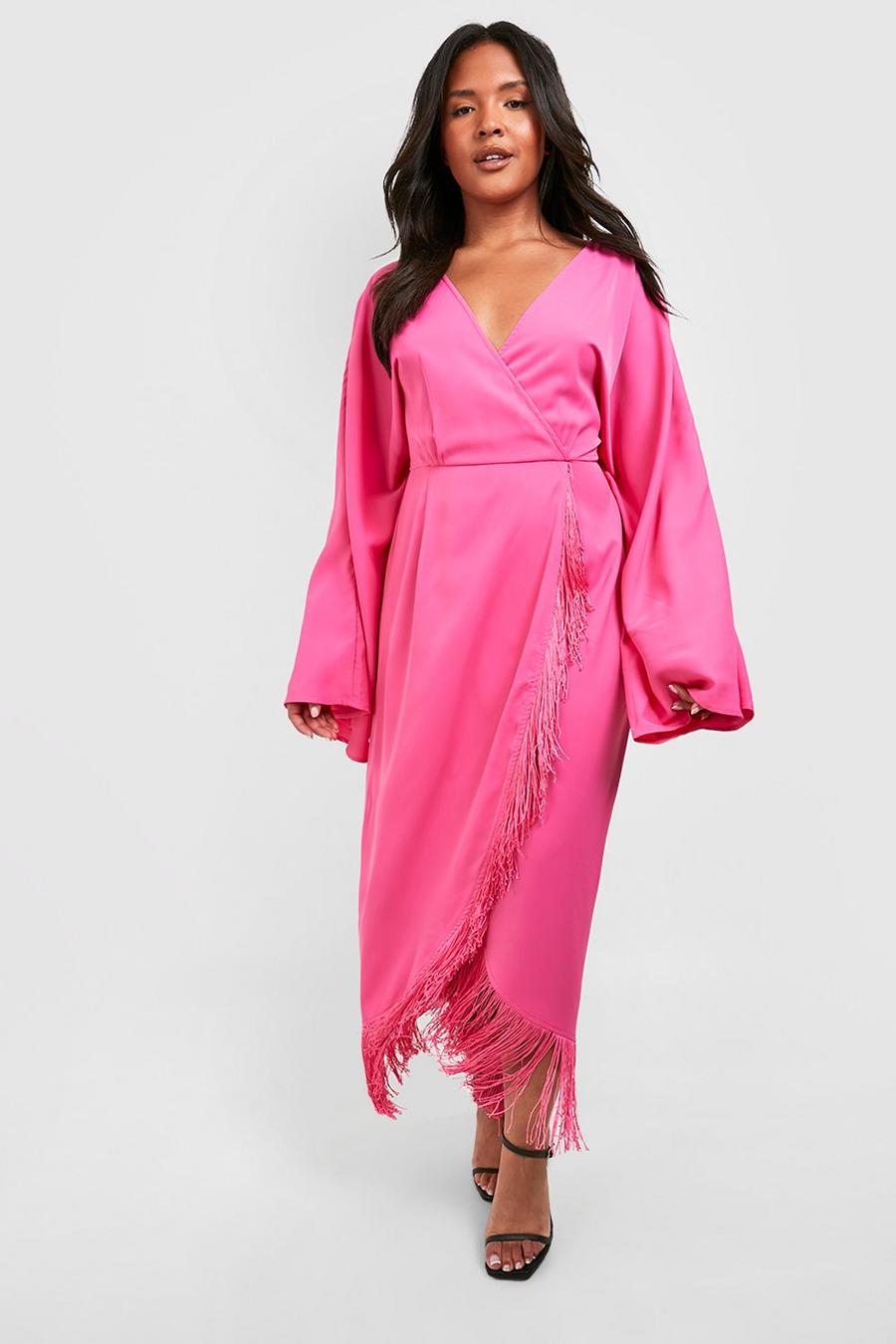 Grande taille - Robe portefeuille à franges, Magenta pink