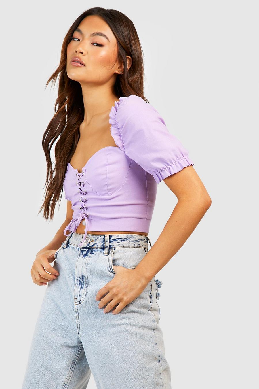 Lilac Puff Sleeve Lace Up Bengaline Corset Top  image number 1
