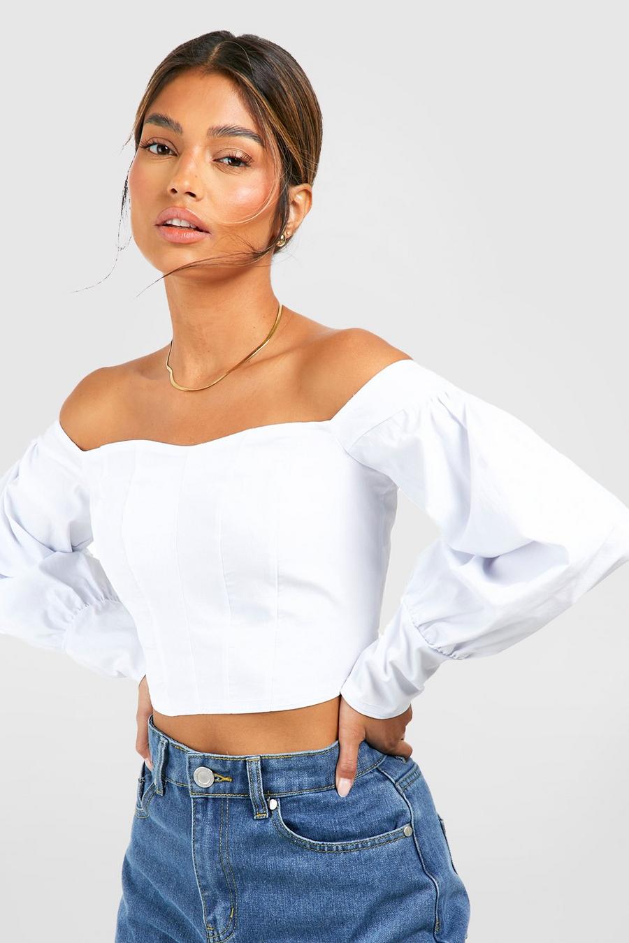 White Off The Shoulder Bengaline Corset Top  image number 1