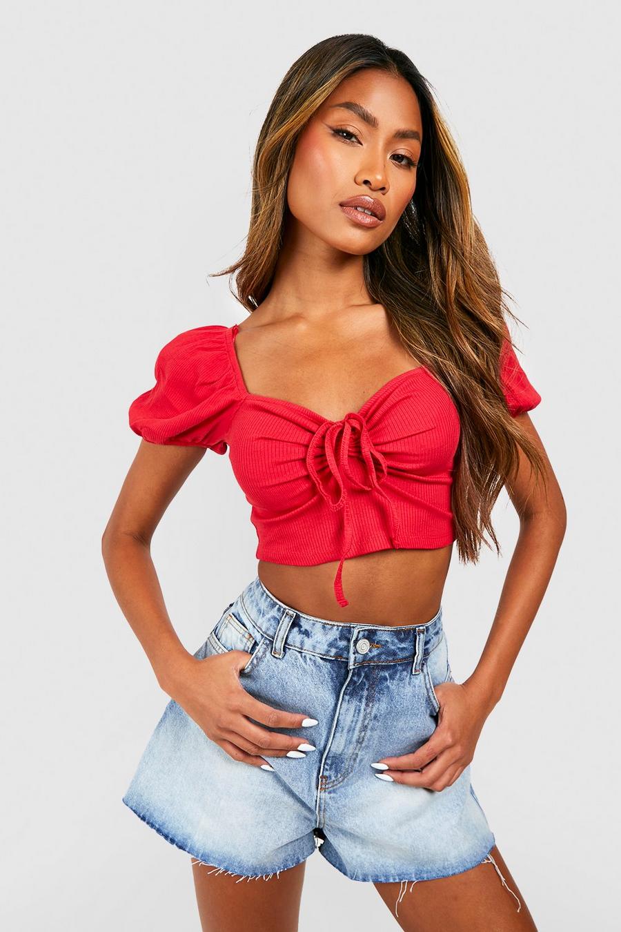 Red Puff Sleeve Tie Detail Ruched Crop Top image number 1