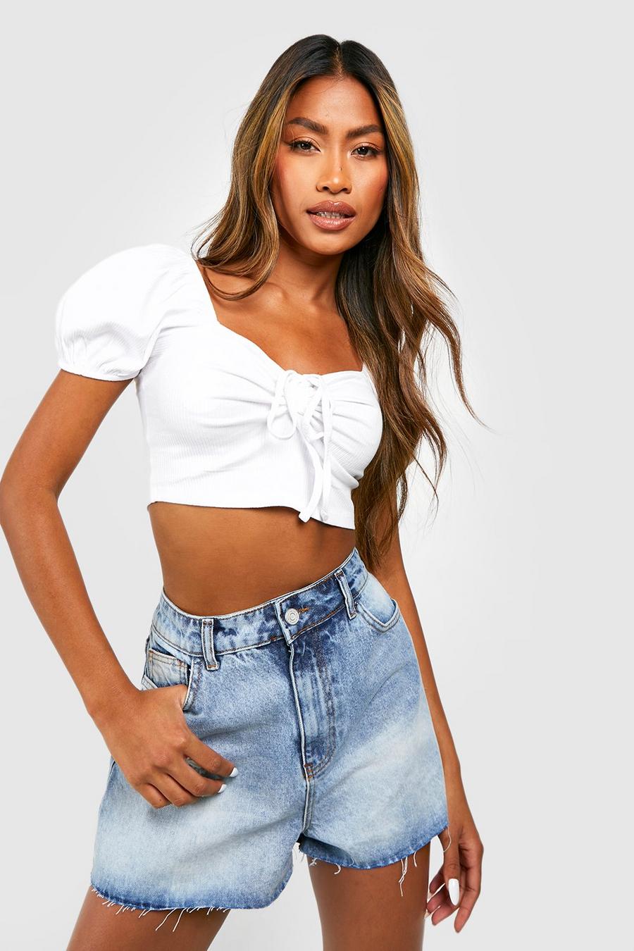 White Puff Sleeve Tie Detail Ruched Crop Top image number 1
