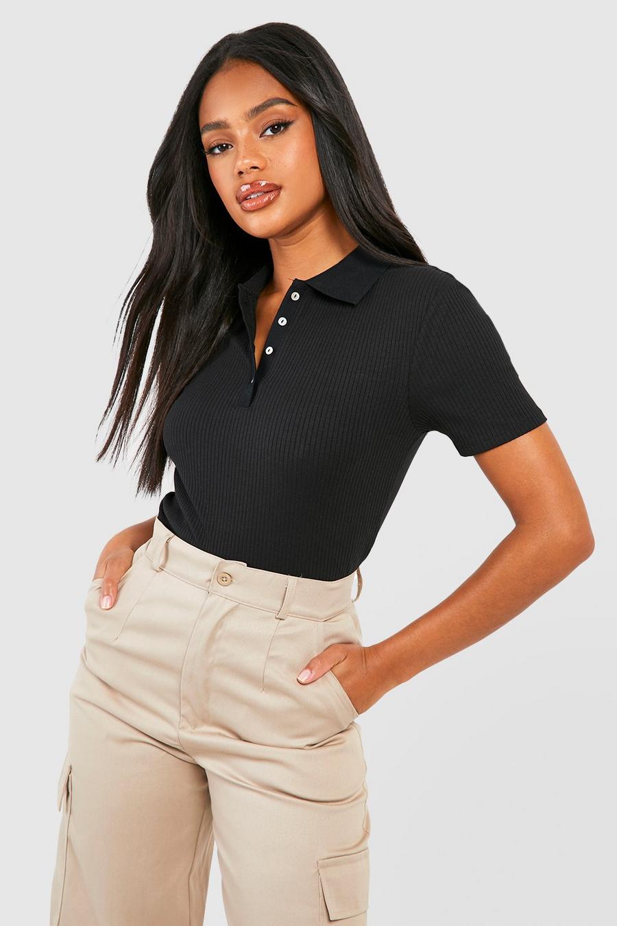 Black Collared Button Detail Ribbed Crop Top image number 1