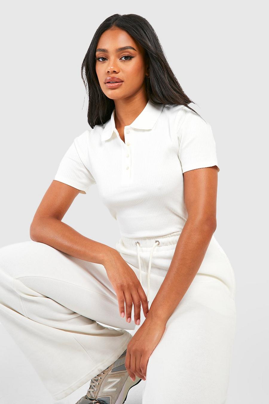 White Collared Button Detail Ribbed Crop Top image number 1