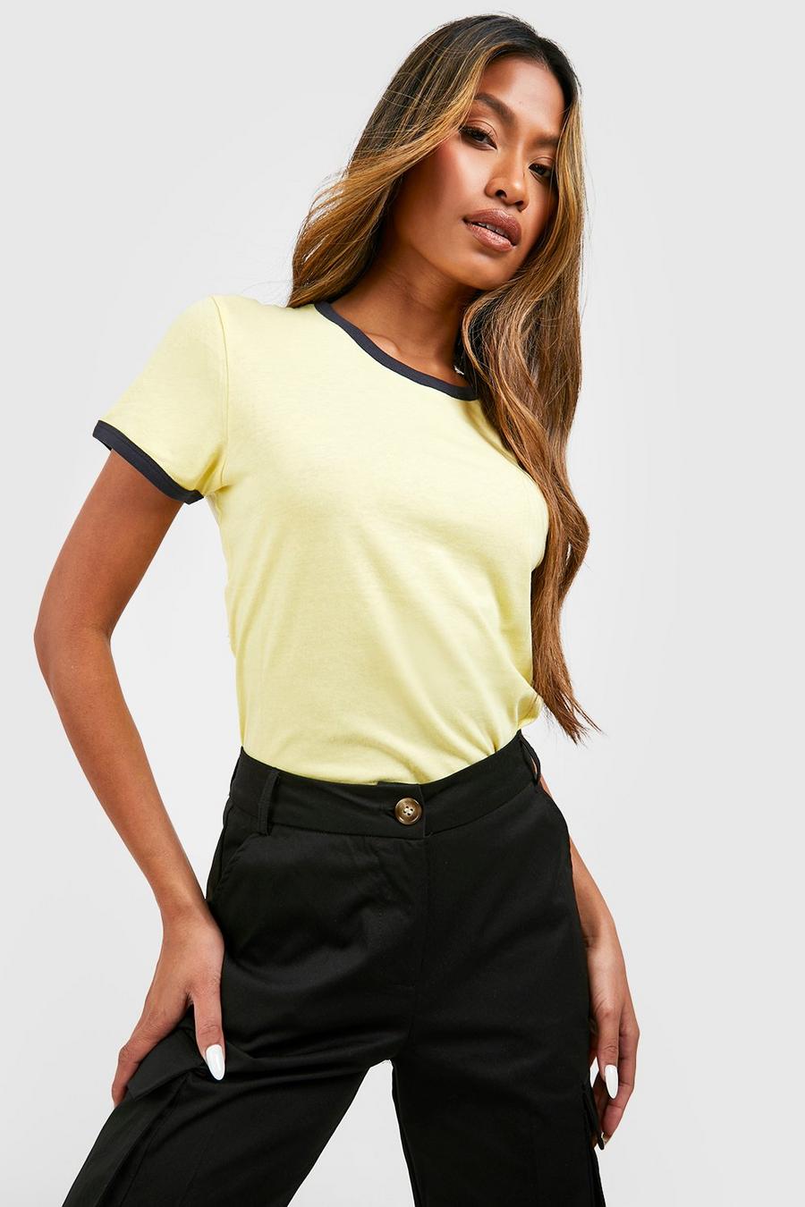 T-shirt à col et manches contrastées, Lemon image number 1