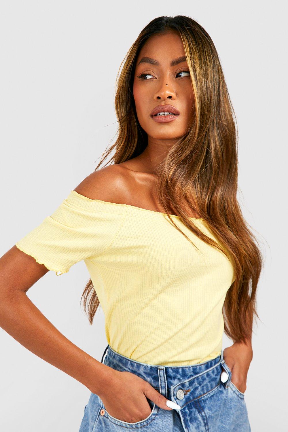 Women's Lemon Bardot Lettuce Trim Ribbed T-shirt