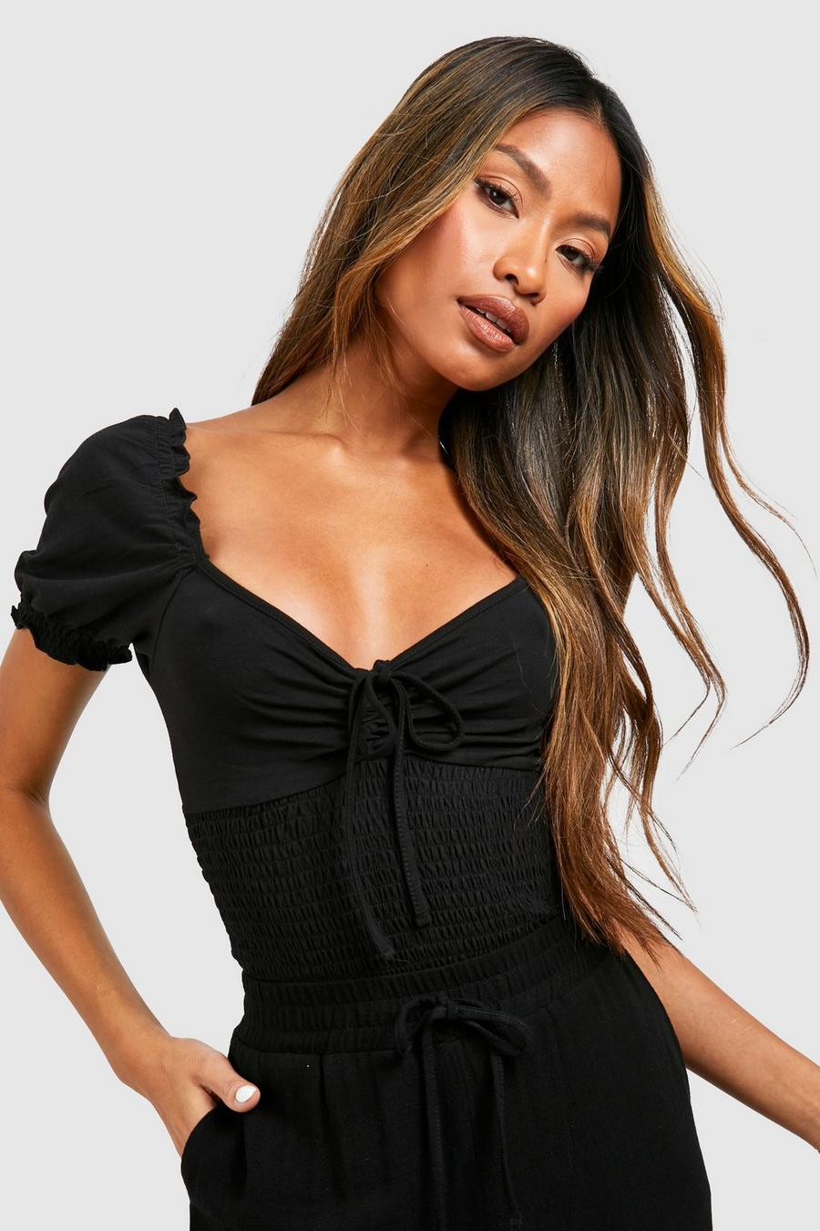Black Puff Sleeve Shirred Waist  Tie Front Top image number 1