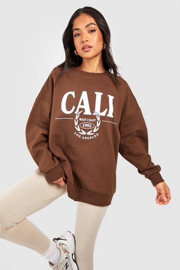 Petite Cali Slogan Print Oversized Sweatshirt chocolate