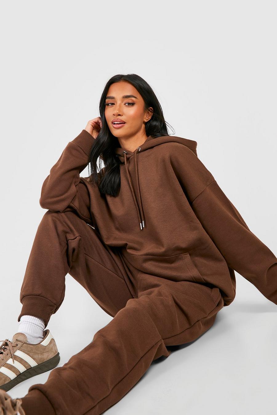 Chocolate brown Petite Oversized Hoodie And Cuffed Hem Jogger Tracksuit 