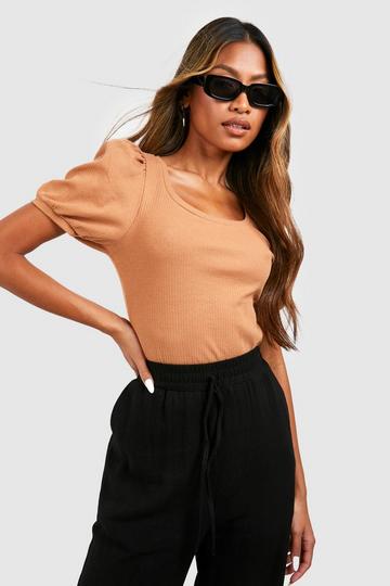 Scoop Neck Puff Sleeve Bodysuit camel