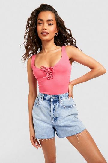 Lace Up Sleeveless Ribbed Bodysuit pink