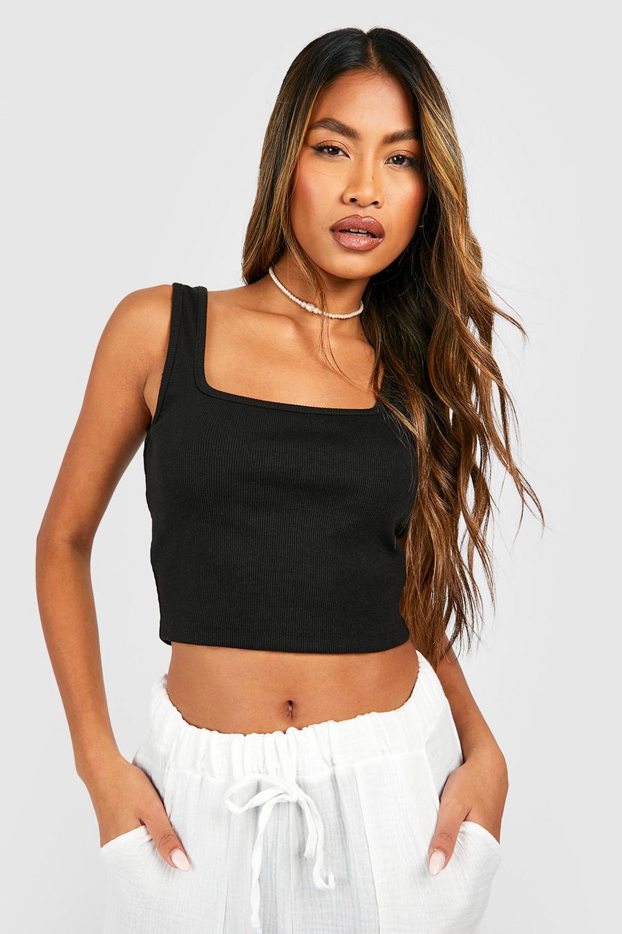 Crop top asimmetrico a coste con cut-out, Black image number 1