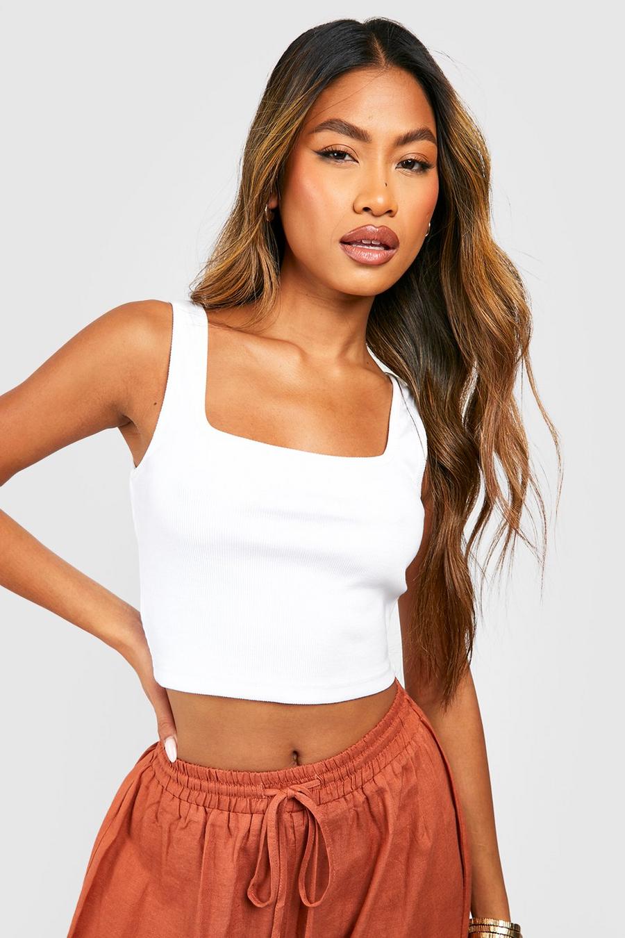 White Ribbed Asymmetric Cut Out Crop image number 1