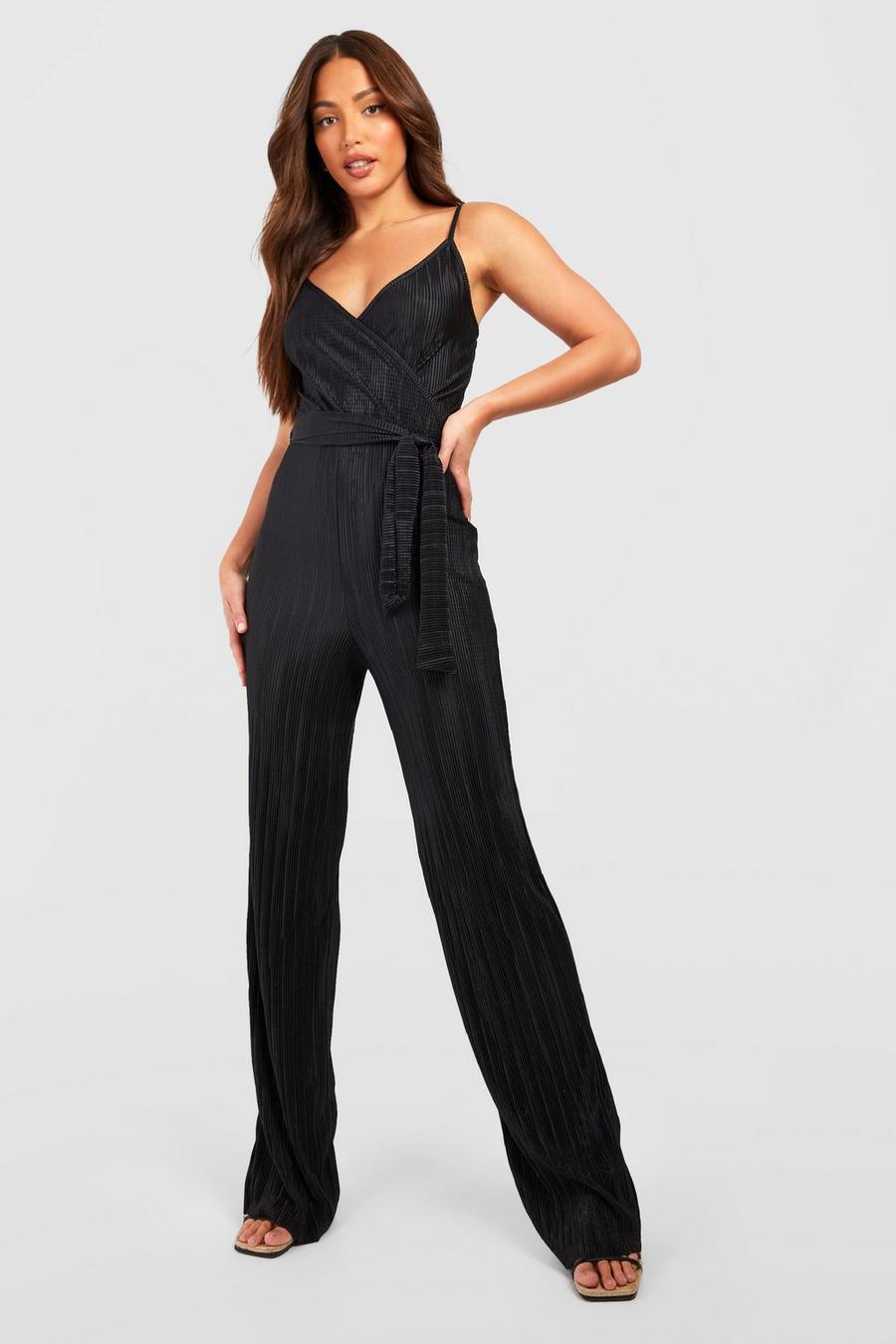 Black Tall Wrap Front Plisse Belted Wide Leg Jumpsuit