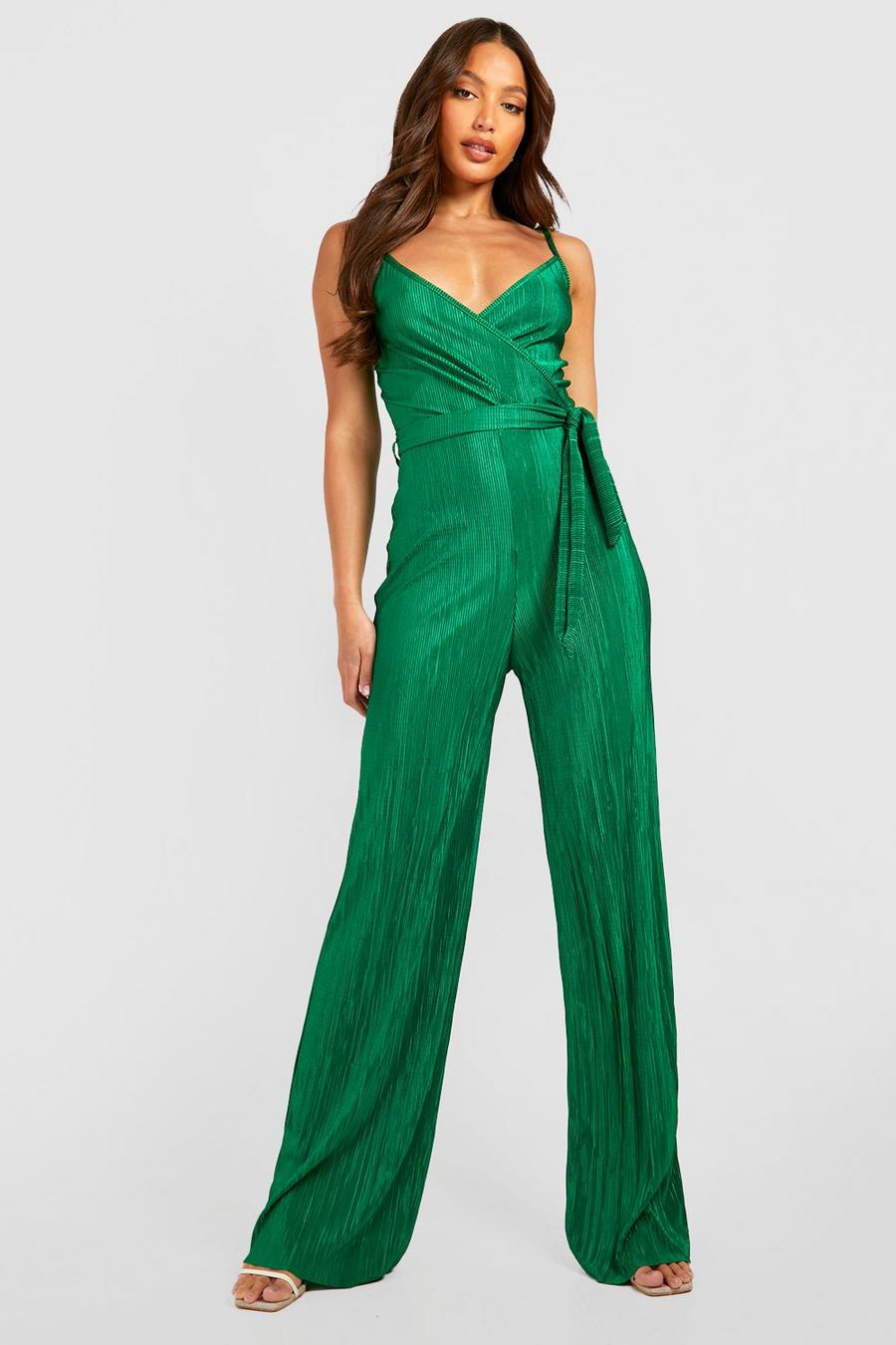 Bright green Tall Wrap Front Plisse Belted Wide Leg Jumpsuit