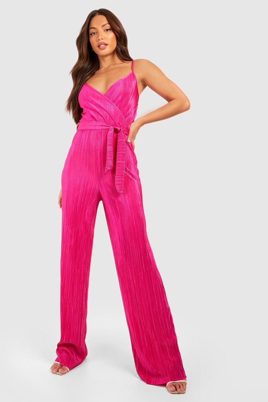 Hot pink Tall Wrap Front Plisse Belted Wide Leg Jumpsuit
